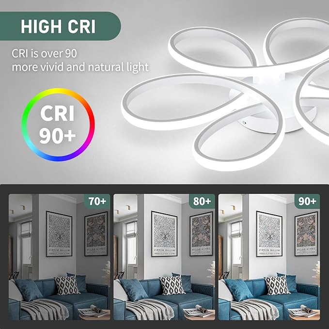 26inch Modern LED Ceiling Light, 6 Rings Flower Flush Mount Light Fixture with Remote Control White Dimmable Ceiling Lamp for Living Room, Bedroom, Dining Room, Hallway, Kitchen