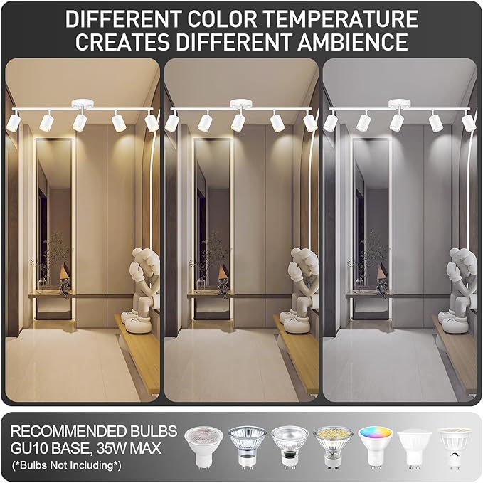 Track Lighting, LED Track Lighting Fixtures Ceiling, White Kitchen Lights for Bedroom, 30" Ceiling Spotlight Kit, 5 Light Wall Light with Rotatable Heads, Kitchen Decor(GU10 Socket, NO Bulb)