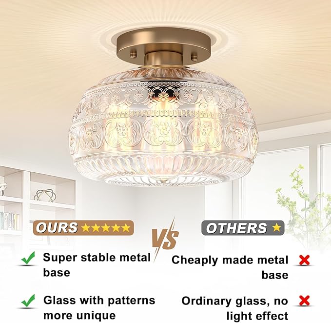 Semi Flush Mount Ceiling Light, Upgraded Modern Close to Ceiling Light Fixture with Clear Glass,Gold Indoor Kitchen Lighting for Porch Corridor Hallway Bedroom, Bulb Not Included