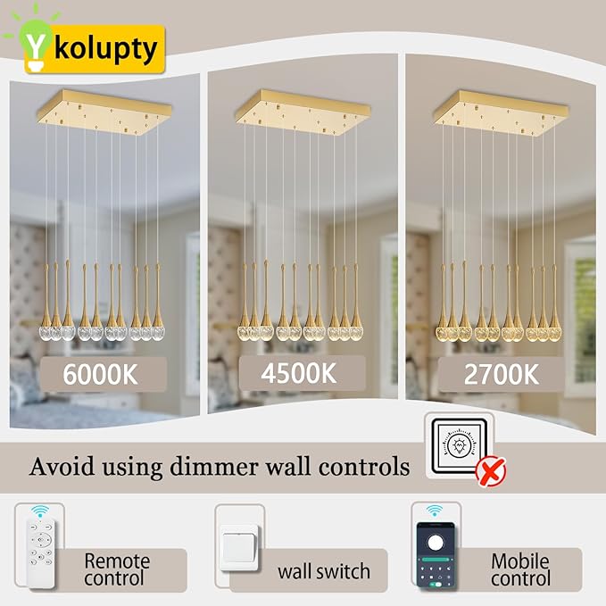 ykolupty Rectangular Chandeliers for Entryway Gold Dining Room Lights Fixture Raindrop Crystal Chandelier for Staircase Hallway Foyer