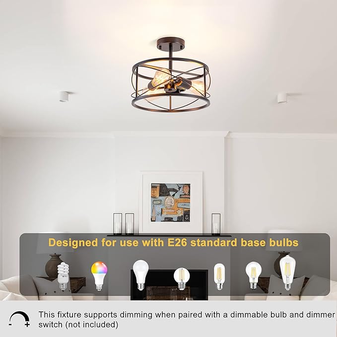 Farmhouse Flush Mount Ceiling Light, Rustic 3-Light Semi Flush Mount Ceiling Light Fixture with Wood Grain Finish, Retro Ceiling Lamp for Hallway Entryway Bedroom Dining Room