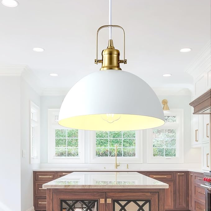 Pendant Lights Kitchen Island 3 Pack, White and Gold Dome Pendant Lighting, Ceiling Hanging Light for Kitchen Living Dining Room Restaurant Hallway Entrance