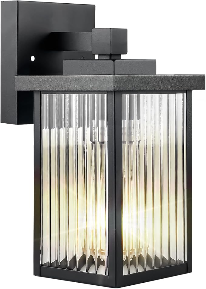Outdoor Wall Lights for House Exterior - IP65 Waterproof Porch Lights with Textured Glass & Matte Black Metal, Easy Install Exterior Lighting Fixtures for Garage, Front Door