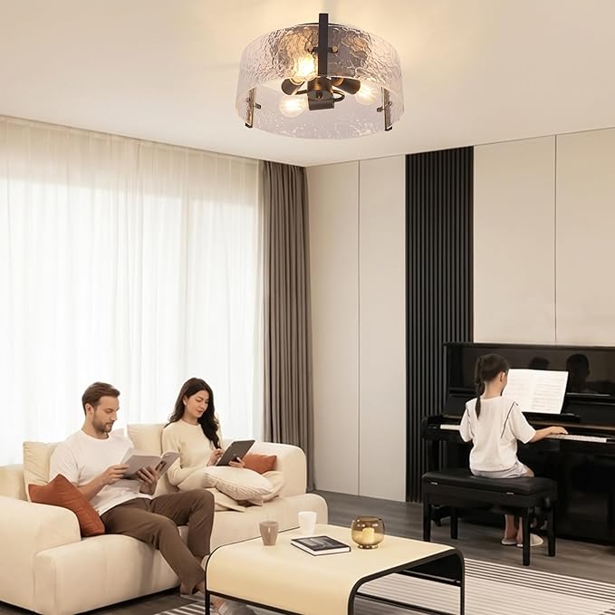 15'' Modern Black Semi Flush Mount Ceiling Light Fixtures, 3-Light Glass Ceiling Mount Light Fixtures, Close to Ceiling Light Fixtures for Kitchen Foyer Entryway Bedroom Hallway Laundry