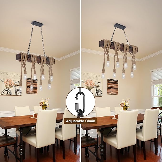 KEESFU Farmhouse Light Fixtures Rustic Chandelier，8-Light Kitchen Island Light Height Adjustable，Hemp Rope Pendant Light for Kitchen Dining Room Bar.