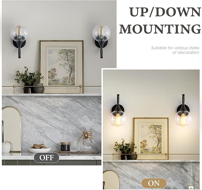 Black Wall Sconce Light, Modern Vanity Light Fixtures with 4.9 Inches Clear Glass Shade, Farmhouse Wall Lights for Living Room, Bedroom, Hallway