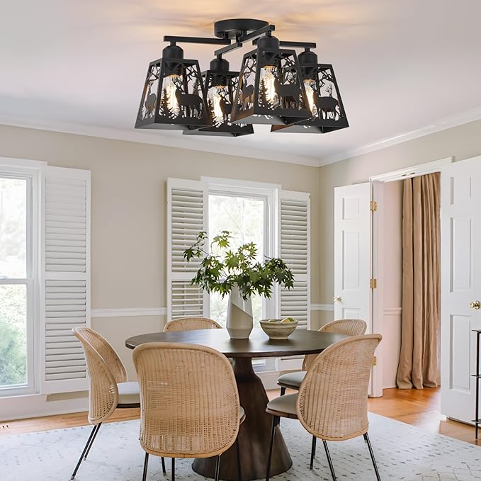 Farmhouse Rustic Deer Light Fixtures, 4 Light Black Semi Flush Mount Rotation Arm Ceiling Lights for Kitchen, Living Room, Hallway, Bedroom, Entryway (Bulbs not Included)