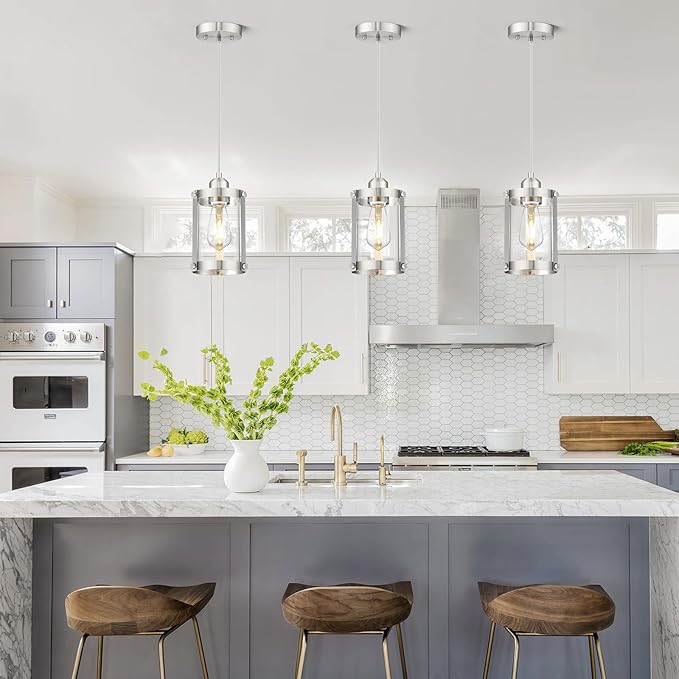 Brushed Nickel Pendant Lights Kitchen Island, 1-Light Modern Mini Hanging Light Fixtures with Clear Glass, Farmhouse Kitchen Pendant Lighting Over Island for Sink, OS-3014-1PBN