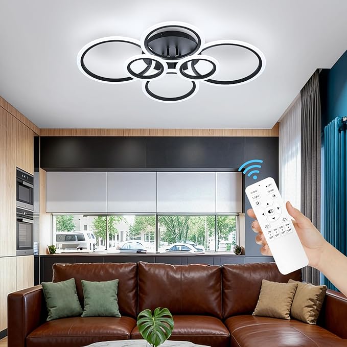 Modern Ceiling Light, 6 Rings Black Dimmable Flush Mount Ceiling Light with Remote, Acrylic Close to Ceiling Lighting Fixture for Living Room Dining Room Bedroom Kitchen (Black, 6 Heads)