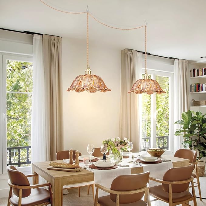 Plug in Pendant Light Fixtures,Hanging Light Fixture Amber Glass Pendant Light 10.6in E26 Pendant Lighting for Kitchen Island, Bedroom, Dining Room, Living Room 2pack