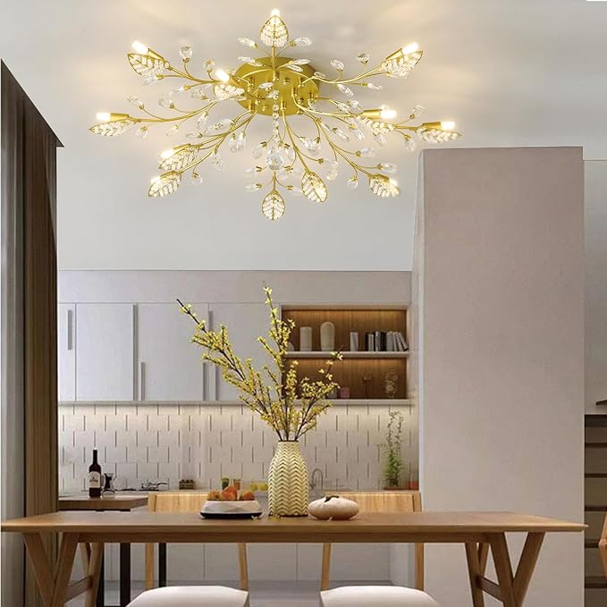 Crystal Flush Mount Ceiling Light,Semi Flush Mount Chandeliers,Crystal Leaf Ceiling Light, Chandeliers for Dining Room,Living Room,Bedroom