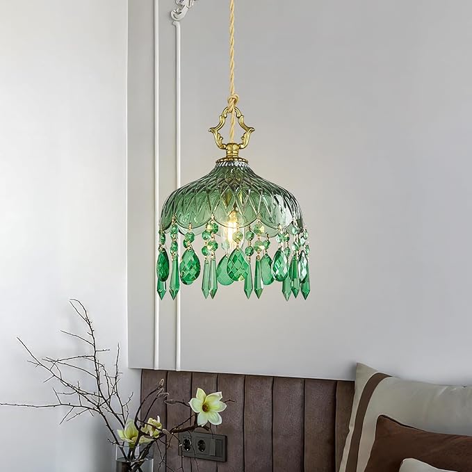 Brass Vintage Pendant Light Green Crystal Hanging Light Fixtures,Adjustable Height Green Glass Pendant Lights for Kitchen Island Dining Room Living Room Bedroom Hallway(Green,2-Pack)