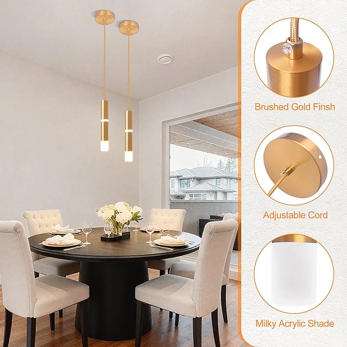 2 Pack Modern Pendant Light, 7W LED Kitchen Island Light Light-Luxury Brass Cylindrical Hanging Lamp Long Tube Pendant Lights for Dining Room Living Room Sloped Ceiling (3000K)