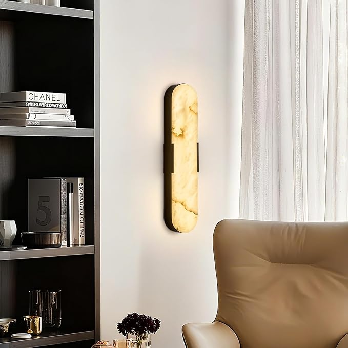Alabaster Wall Sconces 20" Black Natural Marble Wall Sconce LED Hardwired Lighting Fixture Marble Bathroom Vanity Sconce Luxury Indoor Alabaster Wall Lamps for Living Room Hallway Stairway