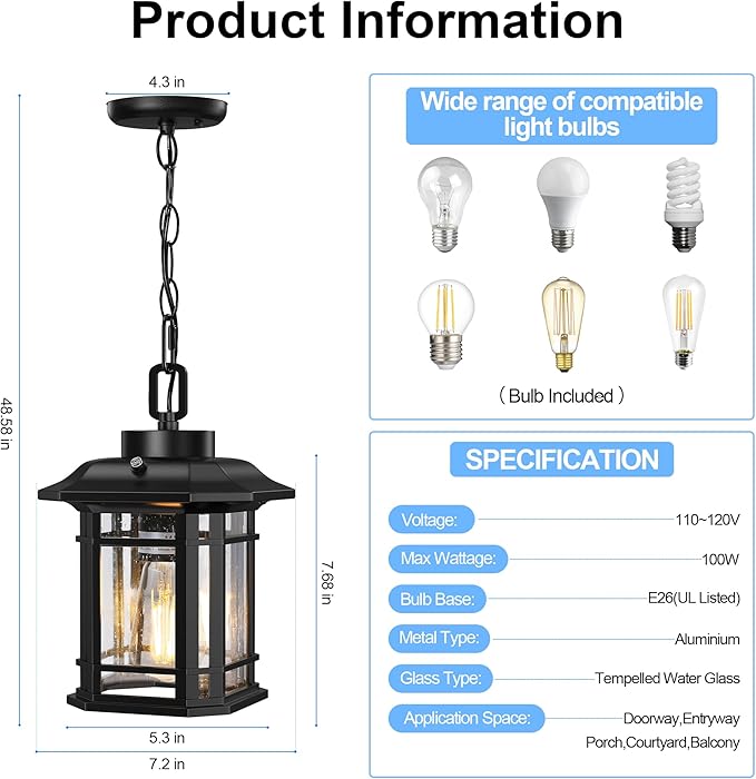 WIHTU Dusk to Dawn Outdoor Pendant Lights for Porch,Anti-Rust Aluminum Exterior Hanging Light Fixture with Adjustable Chain,Farmhouse Chandelier Ceiling Light for Entryway Garden Patio(Bulb Included)