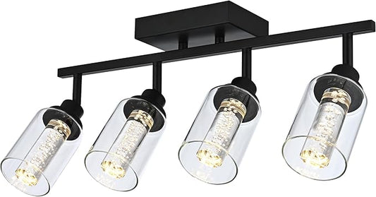 MELUCEE LED Track Lighting Fixtures Ceiling 4-Light Black Semi Flush Mount Ceiling Light Bathroom Wall Light with Flexibly Rotatable Light Heads, Built-in LED Chips, 5-Color Temperature Adjustable