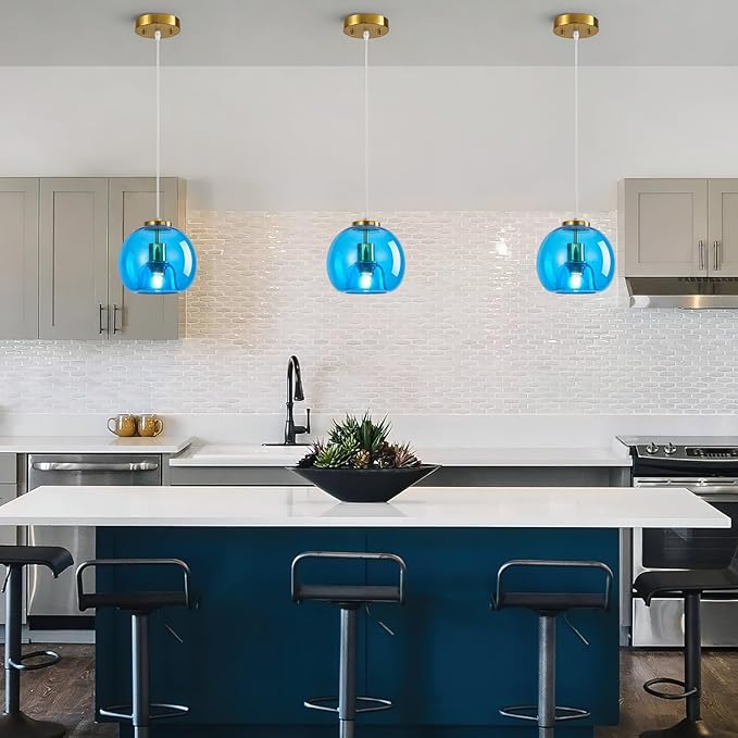 Light Blue Glass Pendant Lights Kitchen Island Gold Hanging Light Fixture Glass Globe Pendant Light Modern Pendant Lighting for Kitchen Island Bedroom Dining Room (7.87", B Style-3 Pack)