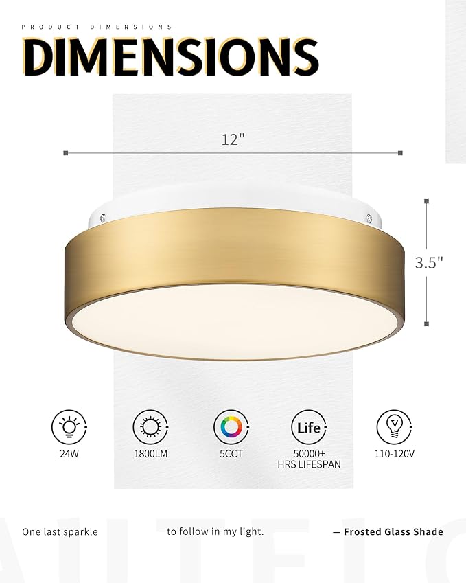 AUTELO LED Close to Ceiling Light Fixture 12" LED 18W Flush Mount Ceiling Light Fixtures with Frosted Glass Shade in Brass Finish for Kitchen LivingRoom Hallway Bedroom C3312 BRZ LED