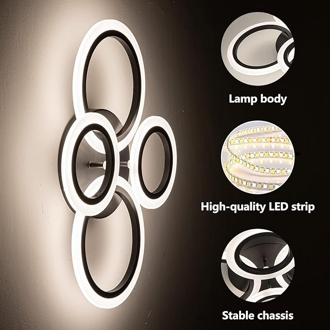 Shine LUEST 34W Modern LED Ceiling Light, 3000K-6000K Dimmable Ceiling Lighting Fixtures Ceiling Mount 4 Rings Black LED Chandelier Bedroom Lights Flush Mount with Remote for Kitchen, 2720LM