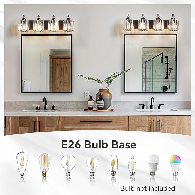 4-Light Black Bathroom Light Fixtures Over Mirror Modern Vanity Lights Crystal Wall Sconce Vintage Bathroom Lighting with Crystal Shade E26 Base for Bedroom, Living Room, Hallway