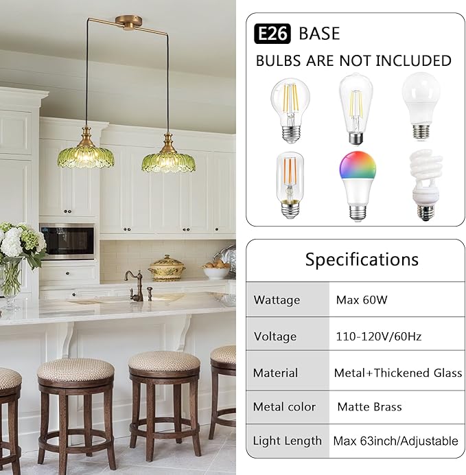 HDDFL Vintage Pendant Lighting Fixtures Modern Glass Hanging Lamp with Adjustable Cord for Kitchen Island Dining Room Hallway 2 Light Brass and Green