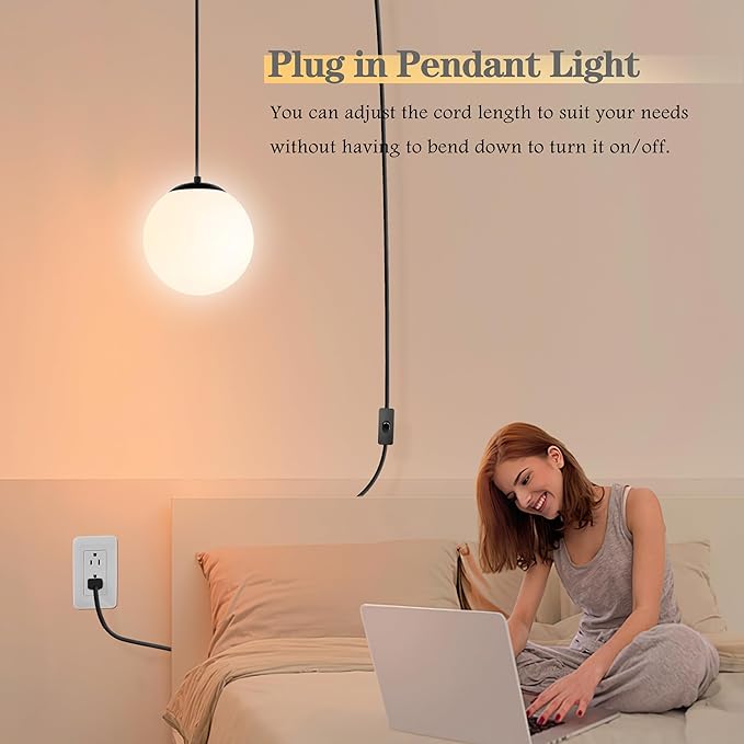 KoKo&Yukina 8" Globe Pendant Light Black Plug in Pendant Light Adjustable Hanging Lights with Plug in Cord Matte Black Finished with Milk Glass Lampshade for Bedroom Kitchen Island（Bulb Included）