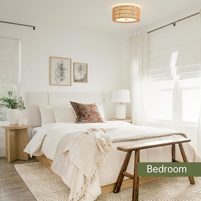 Boho Ceiling Light Fixtures 12.6" Flush Mount Ceiling Light, 3-Light Rattan Light Fixture for Bedroom Close to Ceiling Light Modern Ceiling Light for Foyer Hallway Entryway Kids Room