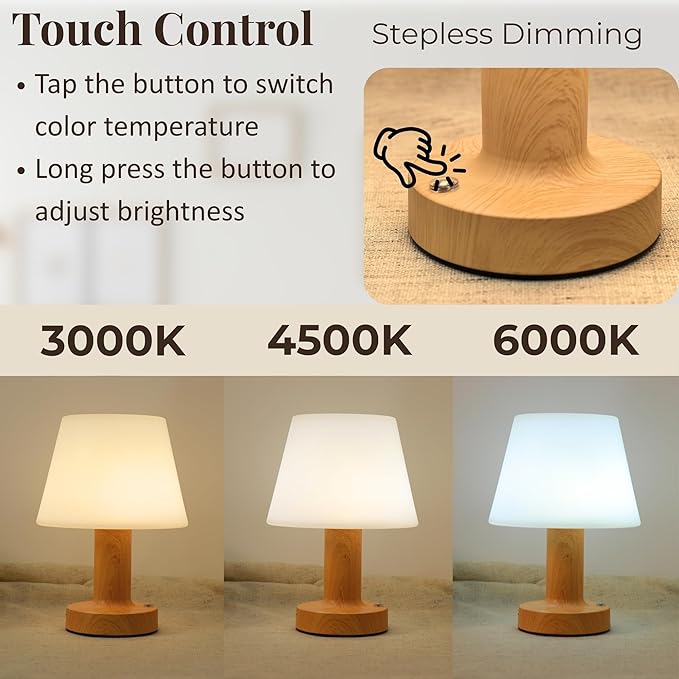 HAPYGI Small Mushroom Table Lamp, Cordless Night Light with 2600mAh Rechargeable Battery, Stepless Dimming Desk Lamp with 3 Colors for Bedroom/Patio/Living Room (Wooden-2)