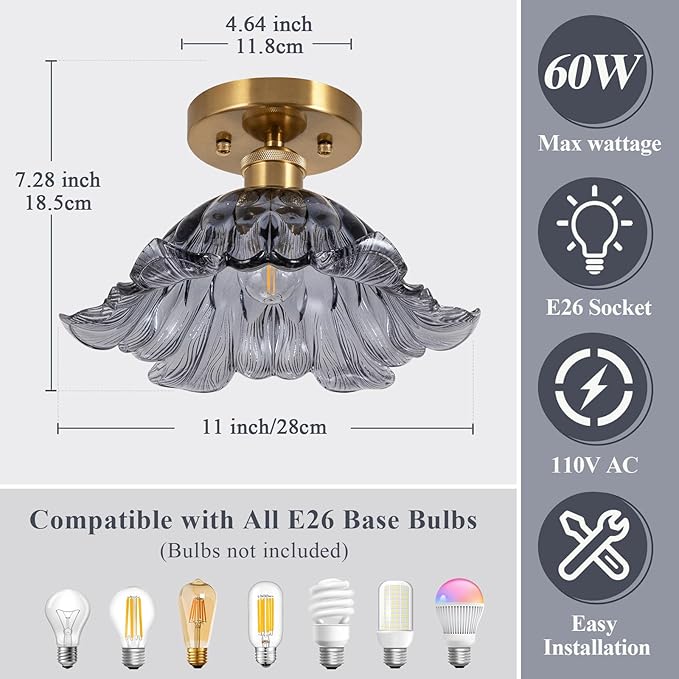 Semi Flush Mount Ceiling Light,Hallway Vintage Lights Fixture Ceiling 11" E26 Gray Blue Vintage Light Fixtures for Closet Hallway Kitchen Dining Room