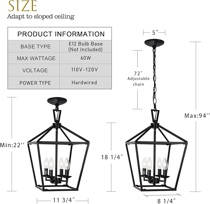 Untrammelife 4-Light Black Lantern Pendant Light, Adjustable Height Square Cage Chandelier 11''W Rustic Hanging Lighting Fixture for Dining Room Kitchen Island Foyer