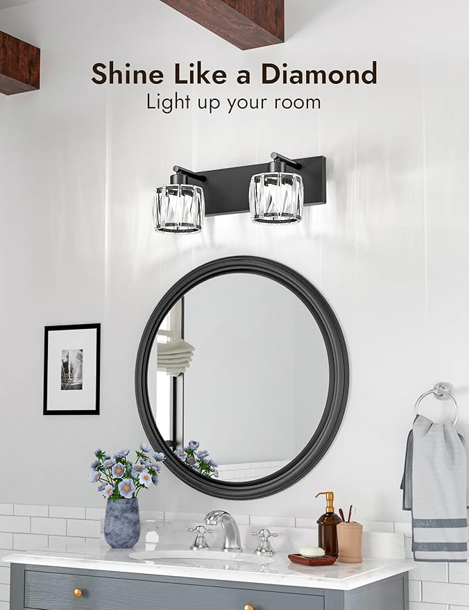 VOLISUN Crystal Vanity Lights for Bathrooms, 2 Light Bathroom Vanity Light, Modern Matte Black Bathroom Light Over Mirror, Black Bathrooms Lights Fixtures-UL Certificated(Exclude Bulb)