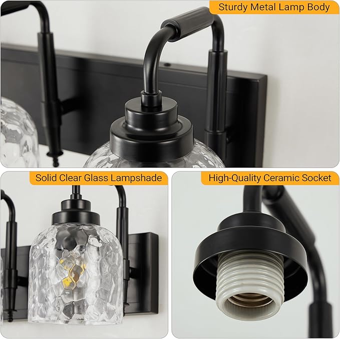 WJShome 3-Light Black Bathroom Vanity Light, Modern Vanity Lighting Fixture for Bathroom, Coastal Vanity Lights with Crystal Glass Shade, for Mirror Bedroom Hallway