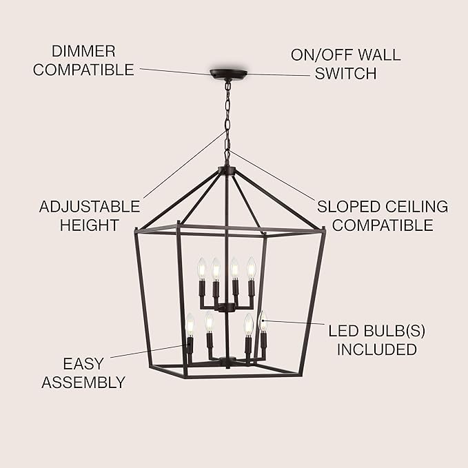 JONATHAN Y 20" Oil Rubbed Bronze Lantern Pendant Light, 8-Light Pagoda Style Metal Cage Farmhouse Hanging Ceiling Fixture for Kitchen Island, LED Bulb Included (JYL7438A)