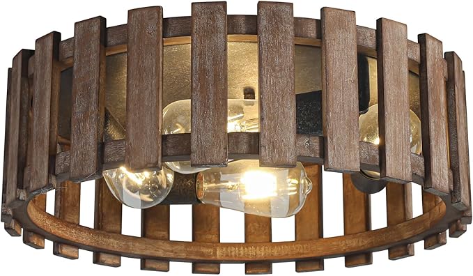 Farmhouse Flush Mount Ceiling Light, 17 Inch 4-Light Metal and Wood Close to Ceiling Light Fixture, Rustic Ceiling Light for Kitchen, Dining Room, Living Room, Hallway, Entryway