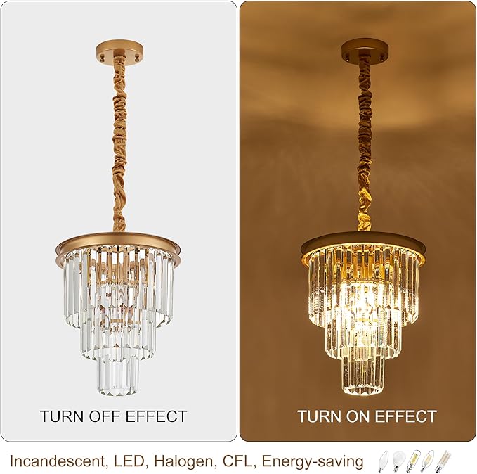 4-Light Gold Crystal Pendant Light, 3-Tier 11.8" Luxury Crystal Pendant Light Perfect for Dining Room, Bedroom, Kitchen, Living Room