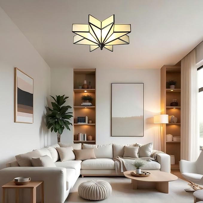 LIGHTLAND 19.7 Inch Flush Mount Star Ceiling Light, 4 Lights Brass Ceiling Lamp with Glass Lampshade, Art Deco Close to Ceiling Light Fixtures for Bedroom Living Room Entryway Hallway, Black