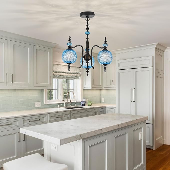 Vintage Blue Pendant Light Fixtures, 3-Light Chandeliers for Kitchen Bedroom Living Room Dining Room Hallway