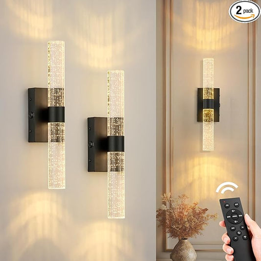 Black Battery Operated Wall Sconces Set of 2, 20000mAh Rechargeable Wall Light with Remote Control, 3000K-6000K Dimmable Wireless LED Sconces for Bedroom, Living Room, 15.6 Inch