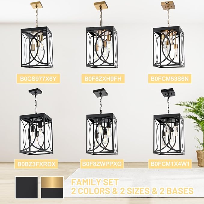 4-Lights Large Outdoor Pendant Light Fixture, E26 Bulb Base Porch Hanging Lighting in Black & Brushed Brass, Modern Exterior Lantern Chandelier Ceiling Mount for Patio Front Door