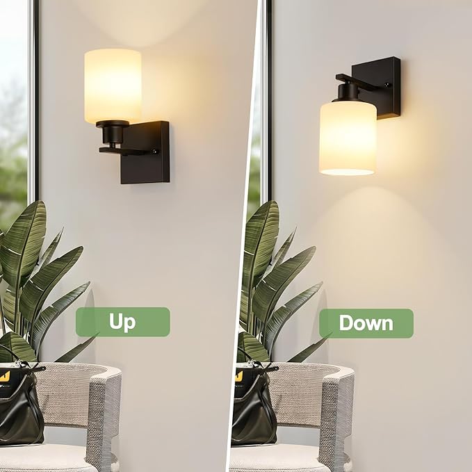 MOKATNG Set of 2 Wall Sconces for Bathroom,Black Modern Vanity Lights with White Glass Shade,Bathroom Wall Lamp for Mirror Kitchen Living Room Hallway Cabinet Porch
