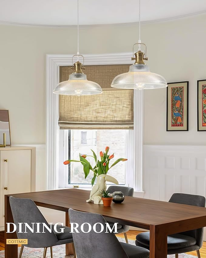 Gold Glass Pendant Lights Kitchen Island, 12in, Modern Kitchen Pendant Lights Fixture, Farmhouse Pendant Lighting for Dining Room Bedroom Bar Sink, 2 Pack