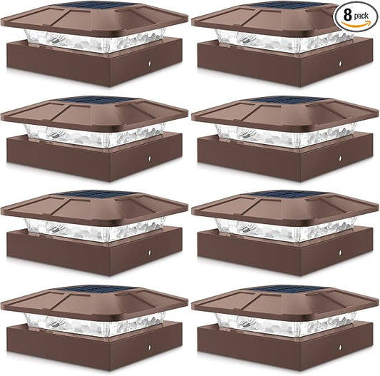 Peasur 4x4 Solar Post Cap Lights Outdoor with 3 Modes, 8 Packs Brown Fence Light Solar Powered Waterproof, Wood/Vinyl Posts Caps Lights for Deck Yard Garden Patio Porch Railing Outside