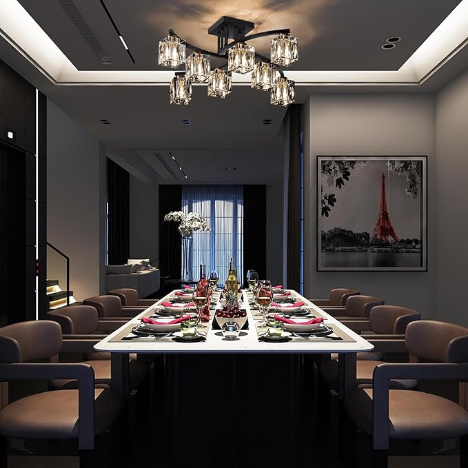 Crystal Semi Flush Mount Ceiling Light with 8-Lights Black Sputnik Ceiling Light Fixture Modern Chandeliers for Dining Room Living Room Kitchen Island Bedroom Hallway