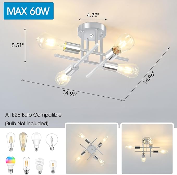 EGM 4-Light Modern Sputnik Ceiling Light Fixture, Chrome Semi Flush Mount Ceiling Lights with E26 Bulb Base, Industrial Chandelier for Dining Room Bedroom Foyer Kitchen Office (2 Pack)