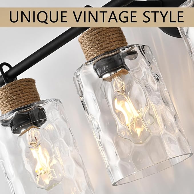 3-Light Bathroom Light Fixtures, Coastal Vanity Lights with Crystal Glass Shade, Black Bathroom Wall Lamp for Mirror Kitchen Hallway Bedroom