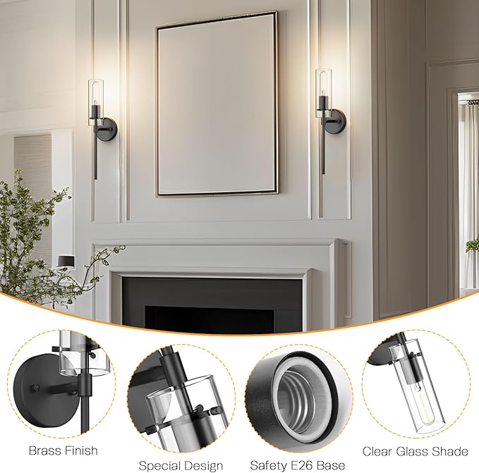 Wall Sconce Set of 2 Black Wall Light, Bathroom Vanity Light Fixture Modern Indoor Wall Light with Clear Glass Shade for Bathroom Bedroom Living Room Hallway Vanity