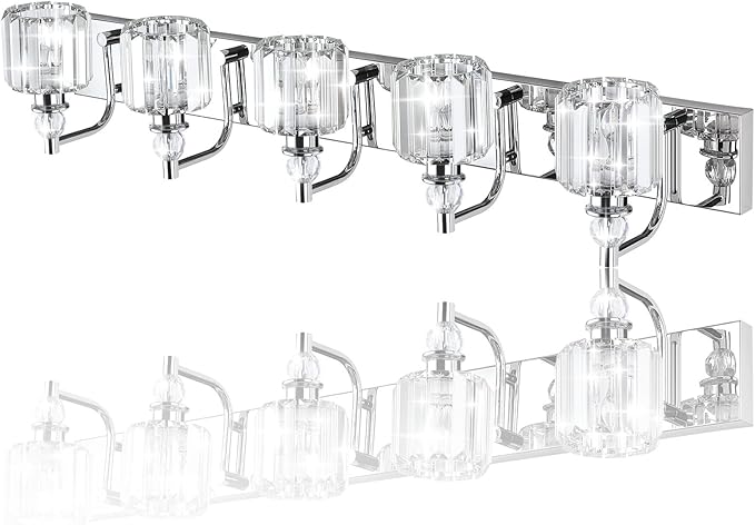 Ralbay Modern Crystal Vanity Lights 5 Light 40" Modern Crystal Bathroom Lights Fixtures Over Mirror Stainless Steel Chrome Vanity Light for Bathroom Wall Lights Fixtures