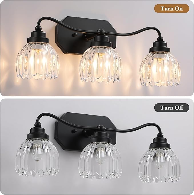 Vintage Bathroom Light Fixtures, 3 Light Bathroom Vanity Light, Black Matte Antique Brass Finish with Crystal Glass Shade, Mid Century Wall Sconces for Bedroom, Living Room, Hallway