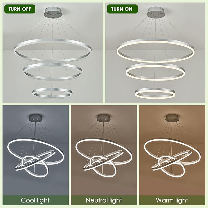 Benkut D31.5 3 Rings Modern LED Chandelier Silver Dimmable LED Pendant Light with Remote Control Circular Flush Mount High Ceiling Light for Dining Room Living Room Bedroom Foyer(3000K-6500K, H71)