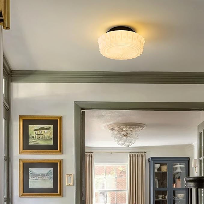 Milk Glass Schoolhouse Ceiling Light - Small 12 Inch Vintage Mid Century Modern Flush Mount Lighting Fixtures - Antique Art Deco Lamp for Hallway Bedroom Kitchen Entryway Laundry Foyer Bathroom Hall